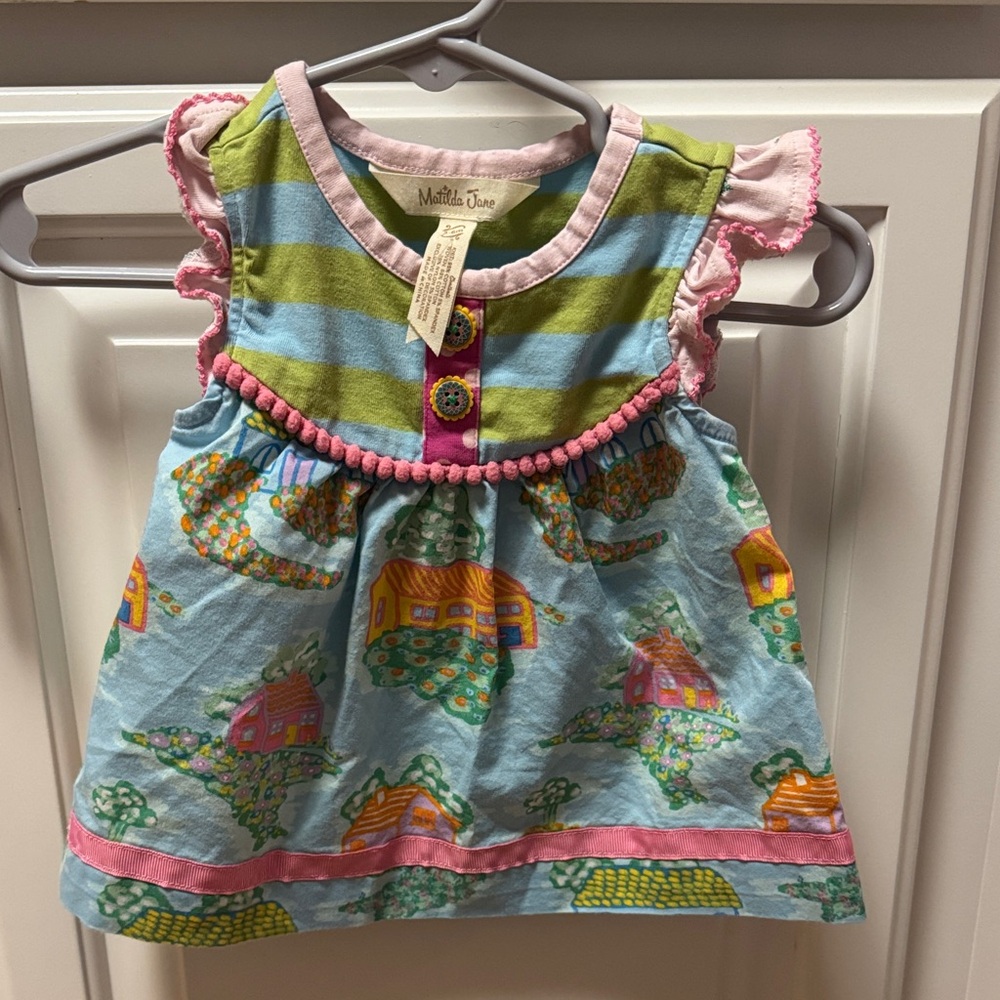 Matilda Jane Blue & Green Striped Bodice House-Print Dress